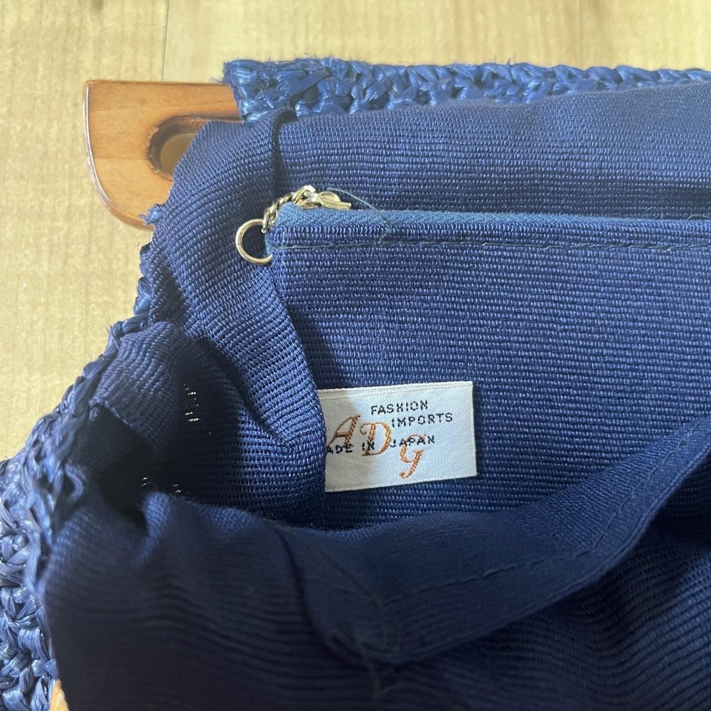 Vintage Handbag Straw Navy Blue Wood Coastal Beach Preppy Cottage‎ Classic Vacay - Picture 3 of 12